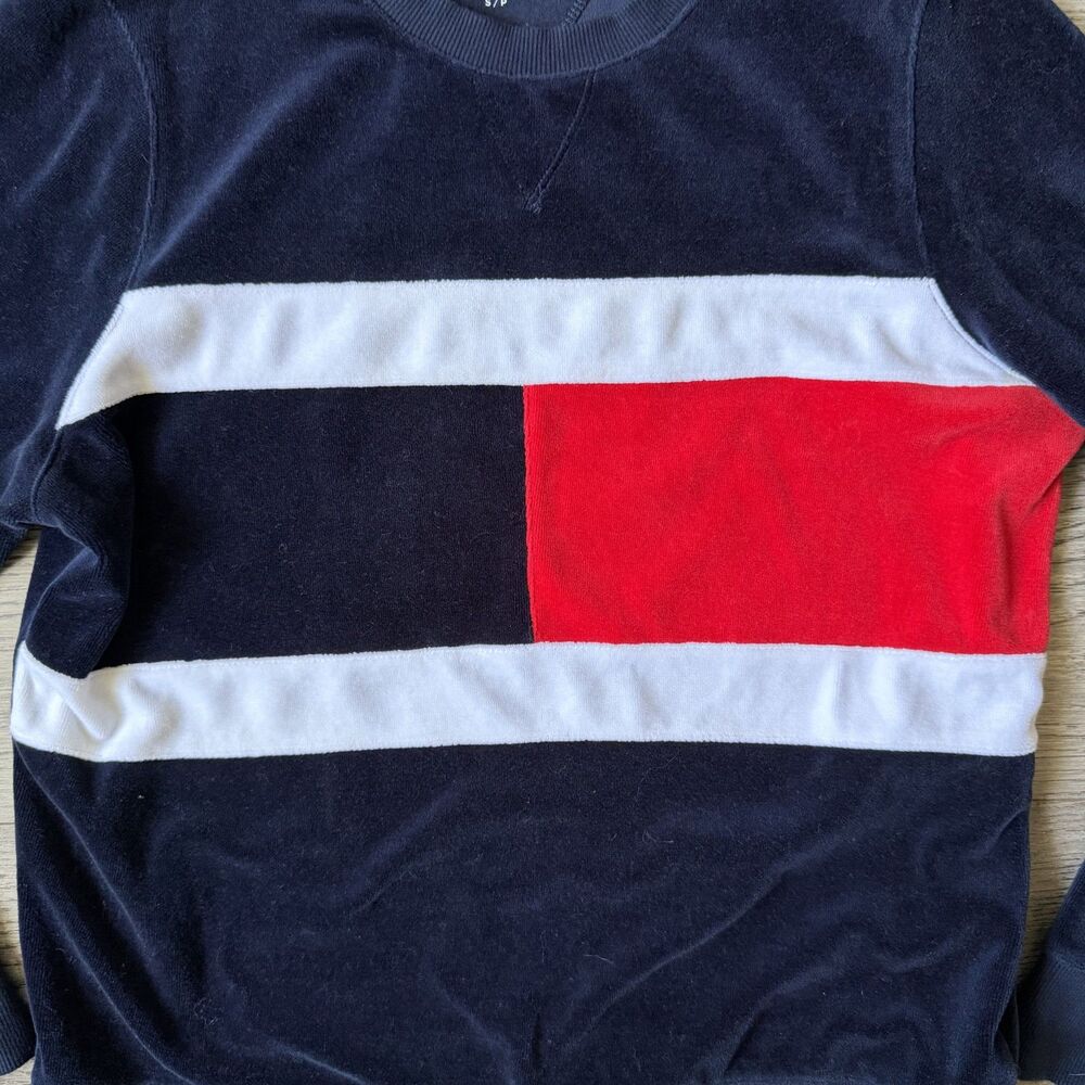 Tommy Hilfiger Sport Navy Velour Flag Graphic Sweatshirt - Size Small - Picture 5 of 7